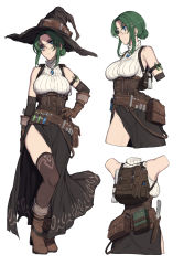 Rule 34 | 1girl, absurdres, arm at side, backpack, bag, belt, black skirt, blue eyes, bodice, boots, breasts, brown belt, brown footwear, brown gloves, closed mouth, corset, cropped arms, cropped legs, from behind, full body, glasses, gloves, green hair, hair bun, hair ornament, hairclip, hand on own hip, hat, high heel boots, high heels, highres, knife, looking to the side, medium breasts, multiple views, nagioka, necktie, original, potion, rimless eyewear, shirt, side slit, sidelocks, simple background, single hair bun, skirt, sleeveless, sleeveless sweater, standing, sweater, torn clothes, torn skirt, turtleneck, turtleneck sweater, utility belt, white background, white shirt, white sweater, witch, witch hat