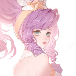 Rule 34 | 1girl, bare shoulders, closed mouth, crown, from side, green eyes, grey background, highres, janna (league of legends), league of legends, long hair, looking at viewer, looking to the side, official alternate costume, pink hair, qin da xing, simple background, solo, star (symbol), star guardian (league of legends), star guardian janna, twintails