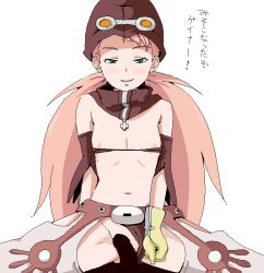 Rule 34 | 00s, 1girl, beanie, blank censor, blush, censored, clothing aside, cross, cynthia lane, flat chest, gloves, goggles, green eyes, hat, long hair, nipples, oekaki, overman king gainer, panties, panties aside, penis, pink hair, scarf, sima, solo, solo focus, translation request, twintails, underwear