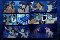 2girls air_bubble animal_costume armpits arms_up asphyxiation ass bare_shoulders barefoot black_hair blush breasts bubble caught choker comic dialogue_box drowning earrings full_body ijiranaide_nagatoro-san jewelry large_breasts long_hair multiple_girls nagatoro_hayase nipples open_mouth orange_eyes pool purple_hair rabbit_costume red_eyes rolling_eyes ryona small_breasts speed_lines struggling sunomiya_sana swimsuit tan thighs trapped underwater water_torture