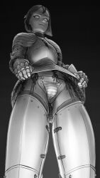 Rule 34 | 1girl, absurdres, armor, bikini, black background, breastplate, cuisses, disdain, disgust, full armor, garter straps, gauntlets, gradient background, greyscale, highres, knight, lifted by self, long sleeves, looking at viewer, looking down, medieval, medium hair, monochrome, original, panties, plate armor, side-tie panties, string bikini, striped clothes, striped panties, swimsuit, underwear, wass nonnam