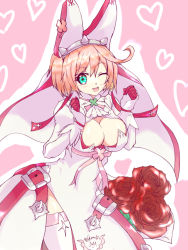 Rule 34 | 1girl, ;), ahoge, blue eyes, blush, breasts, cleavage, cleavage cutout, clothing cutout, clover, dress, elphelt valentine, flower, four-leaf clover, gasmotin roby, gloves, green eyes, guilty gear, guilty gear xrd, happy, hat, heart, heart background, huge ahoge, large breasts, looking at viewer, one eye closed, open mouth, pink hair, puffy sleeves, rose, short hair, side slit, smile, solo, spikes, thighhighs, veil