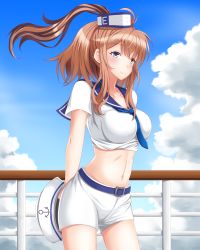 Rule 34 | 10s, 1girl, alternate costume, arms behind back, bad id, bad pixiv id, belt, belt buckle, blue belt, blue eyes, blush, breasts, brown hair, buckle, cowboy shot, day, hat, highres, holding, holding clothes, holding hat, impossible clothes, kantai collection, large breasts, long hair, looking at viewer, midriff, necktie, outdoors, ponytail, railing, sailor collar, sailor hat, saratoga (kancolle), shorts, side ponytail, sky, smile, smokestack, solo, standing, taut clothes, unworn hat, unworn headwear, upper body, white necktie, white shorts, yamato (083)