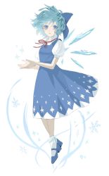Rule 34 | 1girl, aerokinesis, aqua eyes, blue dress, blue legwear, blue ribbon, blush, cirno, collared shirt, dress, floating, from side, full body, hair ribbon, hands up, highres, ice, ice wings, legs, lips, looking at viewer, looking to the side, nanasuou, parted lips, popped collar, puffy short sleeves, puffy sleeves, red ribbon, ribbon, shirt, short hair, short sleeves, simple background, snowflake print, snowflakes, solo, touhou, white background, white legwear, white shirt, wind, wings