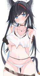 Rule 34 | 1girl, absurdres, animal ear fluff, animal ears, arknights, bare shoulders, black choker, black gloves, black hair, blaze (arknights), blue eyes, blush, breasts, cat ears, cat girl, cat tail, choker, clothes lift, collarbone, commentary request, cowboy shot, crop top, crop top overhang, gloves, gluteal fold, hairband, highres, jewelry, large breasts, lifted by self, looking at viewer, lowleg, lowleg panties, material growth, midriff, navel, necklace, no pants, nui (nuinui0300), oripathy lesion (arknights), panties, pendant, red hairband, see-through, shirt lift, simple background, solo, sweat, tail, tank top, tooth necklace, underboob, underwear, wet, wet clothes, white background, white panties, white tank top