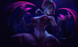 Rule 34 | 1girl, black background, black skin, breasts, claws, colored skin, evelynn (league of legends), glowing, glowing eyes, hair between eyes, hands up, highres, large breasts, league of legends, long hair, looking at viewer, navel, pink hair, purple skin, shiny skin, short hair, smile, solo, squatting, thighhighs, zoe (crownsforkings)