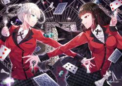 Rule 34 | 2girls, absurdres, artist name, astrovique, black hair, blunt bangs, braid, breasts, card, chess piece, commentary, fork, highres, hime cut, holding, holding fork, holding knife, jabami yumeko, jacket, kakegurui, knife, large breasts, long hair, long sleeves, looking at another, momobami kirari, multiple girls, plaid, plaid skirt, playing card, poker chip, red eyes, red jacket, school uniform, shirt, skirt, smile, twin braids, very long hair, white shirt