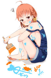Rule 34 | 10s, 1girl, :t, ahoge, barefoot, blush, braid, breasts, feet, full body, highres, holding, holding paintbrush, large breasts, looking at viewer, love live!, love live! sunshine!!, naked overalls, no bra, off shoulder, orange hair, overall shorts, overalls, paint, paint on body, paint on clothes, paint splatter, paint splatter on face, paintbrush, pout, red eyes, shadow, short hair, side braid, sideboob, simple background, sitting, solo, squiggle, strap slip, syoamami, takami chika, white background
