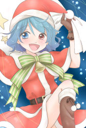 Rule 34 | 1girl, :d, alternate costume, arms up, bag, bell, belt, blue background, blue eyes, blue hair, boots, brown footwear, brown gloves, capelet, christmas, commentary request, fur trim, gloves, hat, heterochromia, knee boots, knee up, light trail, looking at viewer, open mouth, red eyes, ribbon, santa costume, santa hat, short hair, smile, snowing, solo, star (symbol), striped ribbon, tatara kogasa, touhou, yuzuna99