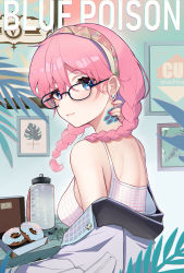 Rule 34 | 1girl, absurdres, arknights, bare shoulders, bespectacled, black-framed eyewear, blue eyes, blue poison (arknights), blue poison (shoal beat) (arknights), braid, breasts, camisole, character name, commentary request, doughnut, earrings, food, glasses, hairband, highres, jacket, jewelry, looking at viewer, medium breasts, medium hair, nail polish, off shoulder, official alternate costume, pink hair, pink nails, smile, solo, spaghetti strap, sports bra, twin braids, upper body, white jacket, xiaoyu chiaki