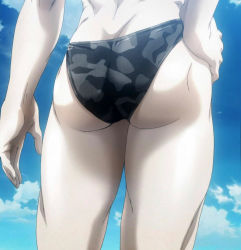 Rule 34 | 1girl, ass, bikini, camouflage, camouflage bikini, cloud, from behind, gradient background, hand on own hip, head out of frame, highres, jormungand (manga), legs, screencap, sofia valmer, solo, standing, stitched, swimsuit, third-party edit