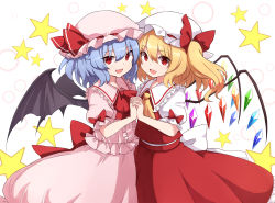 Rule 34 | 2girls, back bow, bat wings, blonde hair, blue hair, bow, crystal, fang, flandre scarlet, frills, hat, hat ribbon, highres, holding hands, interlocked fingers, looking at viewer, medium hair, mob cap, multiple girls, open mouth, pink headwear, pink shirt, pink skirt, puffy short sleeves, puffy sleeves, red bow, red eyes, red neckwear, red ribbon, red skirt, red vest, remilia scarlet, ribbon, rizento, shirt, short sleeves, siblings, side ponytail, sisters, skirt, smile, star (symbol), touhou, upper body, vest, white background, white bow, white headwear, white shirt, wings, yellow neckwear