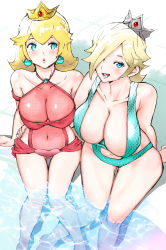 Rule 34 | 2girls, :o, aqua eyes, aqua one-piece swimsuit, arm around waist, arm at side, arm behind back, arm support, bare arms, bare legs, bare shoulders, blonde hair, breasts, brooch, cleavage, collarbone, crown, day, earrings, fishnet swimsuit, fishnets, from above, full body, hair over one eye, halterneck, hand on another&#039;s hip, highres, huge breasts, igarashi mangou, jewelry, large breasts, lips, lipstick, long hair, looking at another, looking at viewer, looking up, makeup, mario (series), mature female, multiple girls, navel, nintendo, one-piece swimsuit, open mouth, outdoors, parted lips, poolside, princess peach, red one-piece swimsuit, rosalina, shiny skin, sitting, smile, star (symbol), star print, stomach, super mario galaxy, swimsuit, water