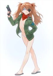Rule 34 | ..., 1girl, ana haco, blue eyes, blush, breasts, brown hair, choker, cleavage, evangelion: 3.0+1.0 thrice upon a time, expressionless, eyepatch, female focus, full body, green jacket, gun, hair ornament, highres, holding, holding gun, holding weapon, jacket, long hair, looking to the side, medium breasts, navel, neon genesis evangelion, nipples, no bra, open clothes, open jacket, panties, rebuild of evangelion, simple background, solo, souryuu asuka langley, standing, thighs, underwear, undressing, weapon, white background, white panties, wide hips