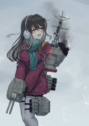 Rule 34 | 1girl, adapted turret, alternate costume, aqua scarf, black hair, cannon, coat, colored inner hair, earmuffs, fang, feet out of frame, grey background, grey pantyhose, highres, k jie, kantai collection, long hair, looking to the side, machinery, multicolored hair, naganami (kancolle), pantyhose, pink hair, purple coat, scarf, skin fang, smoke, smokestack, solo, torpedo launcher, turret, two-tone hair, yellow eyes