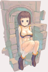 Rule 34 | 1girl, blush, boots, bra, breasts, brown hair, cleavage cutout, clothing cutout, collar, full body, large breasts, legs, light smile, looking at viewer, navel, original, short hair, sitting, sketch, solo, stone wall, tougetsu gou, underwear, wall