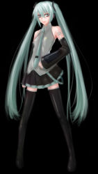 Rule 34 | 1girl, absurdres, aqua eyes, aqua hair, bad id, bad pixiv id, bare shoulders, black thighhighs, detached sleeves, female focus, full body, hatsune miku, highres, long hair, necktie, prime, simple background, smile, solo, thighhighs, twintails, vocaloid
