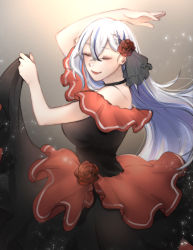 Rule 34 | 1girl, bare shoulders, black dress, blush, breasts, closed eyes, closed mouth, dancing, dress, eyelashes, flamenco, flamenco dress, flower, gradient background, hair flower, hair ornament, highres, large breasts, light purple hair, lips, long hair, multicolored clothes, multicolored hair, purple eyes, red dress, rose, self-portrait, shino laila, shino laila (artist), smile, solo, spanish clothes, very long hair, virtual youtuber, wactor production