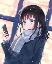 Rule 34 | 1girl, :/, backlighting, black coat, blush, buttons, cellphone, closed mouth, coat, commentary request, dutch angle, grey scarf, hair ornament, hairclip, highres, holding, holding phone, long hair, long sleeves, looking at phone, original, phone, plaid, plaid scarf, revision, scarf, seki (l0410706268), smartphone, snowing, solo, upper body, winter, winter clothes