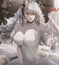 Rule 34 | 1girl, absurdres, ahoge, alternate costume, alternate hair length, alternate hairstyle, antennae, arknights, bare shoulders, black choker, breasts, choker, cleavage, collarbone, commentary, covered navel, dress, highres, horns, indoors, large breasts, long hair, looking at viewer, nininisama, parted lips, smile, solo, strapless, strapless dress, upper body, w (arknights), white dress, white hair, yellow eyes