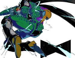 Rule 34 | 1boy, black nails, cel shading, cell (dragon ball), colored skin, dragon ball, dragonball z, electricity, fetal position, foreshortening, green skin, insect wings, knees to chest, kokusoji, lightning, male focus, nail polish, perfect cell, solo, stinger, tagme, wings