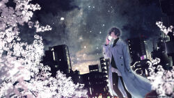 Rule 34 | 1boy, 2022, absurdres, black hair, black pants, black shirt, blurry, building, cellphone, character request, cherry blossoms, city, cityscape, coat, collared shirt, copyright notice, copyright request, feet out of frame, hand in pocket, hand up, highres, holding, holding phone, long sleeves, maeda mic, male focus, night, night sky, official art, open clothes, open coat, outdoors, pants, petals, phone, shirt, short hair, sky, smartphone, solo, standing, star (sky), starry sky, tree, virtual youtuber, white coat