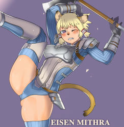 Rule 34 | 00s, 1girl, animal ears, armor, cat ears, cat girl, cat tail, female focus, final fantasy, final fantasy xi, gochou (kedama), gradient background, mithra (ff11), robina, solo, tail, weapon