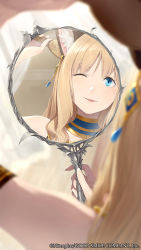 Rule 34 | 1girl, animal ears, blonde hair, blue eyes, blurry, blurry foreground, brushing hair, brushing own hair, cat ears, collar, depth of field, goodsmile company, hand mirror, holding, holding mirror, looking at viewer, mirror, nitroplus, official art, one eye closed, parted lips, reflection, smile, solo, somehira katsu