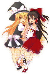 Rule 34 | 2girls, blonde hair, bow, braid, brown hair, detached sleeves, fang, female focus, hakurei reimu, half updo, hat, highres, holding hands, japanese clothes, kirisame marisa, long hair, mary janes, miko, multiple girls, one eye closed, shoes, skirt, socks, touhou, usabutapon, wink, witch, witch hat, yellow eyes