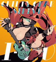 Rule 34 | 1girl, black gloves, black hair, boots, breasts, cleavage, electric guitar, fingerless gloves, gloves, green-tinted eyewear, guilty gear, guilty gear strive, guitar, hat, i-no, instrument, large breasts, looking at viewer, mole, mole above mouth, red footwear, red headwear, red leather, red lips, short hair, sunglasses, thigh boots, tinted eyewear, tometo pot, venus symbol, witch hat