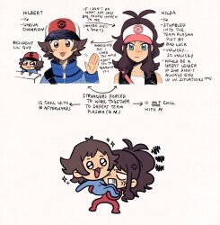 Rule 34 | 1boy, 1girl, :d, anger vein, antenna hair, arrow (symbol), baseball cap, black vest, blue jacket, brown eyes, brown hair, carrying, chibi, clenched teeth, closed mouth, commentary, creatures (company), english text, game freak, green eyes, hand up, hat, high collar, highres, hilbert (pokemon), hilda (pokemon), jacket, long sleeves, looking at viewer, multiple views, nintendo, open mouth, poke ball print, pokemon, pokemon bw, red headwear, shirt, sidelocks, smile, sparkle, strap, submashell, teeth, vest, white headwear, white shirt, zipper pull tab