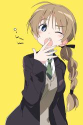 Rule 34 | 1girl, black jacket, black ribbon, blazer, blue eyes, blush, braid, brown hair, cardigan, hair ribbon, ixy, jacket, long hair, looking at viewer, lynette bishop, one eye closed, open mouth, ribbon, school uniform, simple background, single braid, solo, strike witches, tears, teeth, upper teeth only, world witches series, yawning, yellow background