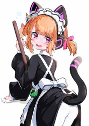 Rule 34 | 1girl, alternate costume, animal ear headphones, animal ears, apron, blue archive, blush, brown hair, cat ear headphones, cat tail, cowlick, enmaided, fake animal ears, fake tail, hair ribbon, headphones, highres, holding, long sleeves, looking at viewer, maid, maid apron, maid headdress, momoi (blue archive), momoi (maid) (blue archive), no halo, omochishiki, open mouth, panties, panties under pantyhose, pantyhose, pantyshot, pink eyes, pink ribbon, ribbon, simple background, solo, tail, tamagotchi, twintails, underwear, wavy mouth, white background, white pantyhose