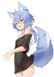 Rule 34 | 1girl, :d, absurdres, ahoge, animal ear fluff, animal ears, bare shoulders, black shirt, blue eyes, blue hair, bottomless, covered navel, cropped legs, fang, fox ears, fox girl, fox tail, fuku kitsune (fuku fox), hair ornament, highres, long hair, low twintails, naked shirt, off-shoulder shirt, off shoulder, open mouth, shironeko project, shirt, short sleeves, simple background, smile, solo, tail, thick eyebrows, twintails, white background