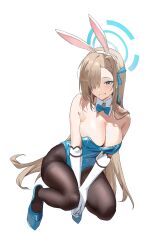 Rule 34 | 1girl, animal ears, asuna (blue archive), asuna (bunny) (blue archive), bare shoulders, blonde hair, blue archive, blue bow, blue bowtie, blue eyes, blue halo, bow, bowtie, breasts, cleavage, commentary, detached collar, elbow gloves, fake animal ears, full body, gloves, grin, hair over one eye, hairband, halo, highres, large breasts, leotard, long hair, mole, mole on breast, official alternate costume, pantyhose, playboy bunny, pogua haka, rabbit ears, simple background, smile, solo, squatting, very long hair, white background, white gloves, white hairband