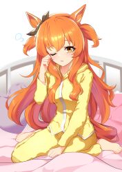 Rule 34 | 1girl, absurdres, alternate costume, animal ears, barefoot, blush, commentary request, ear ornament, hair between eyes, heart, heart-shaped pillow, highres, horse ears, horse girl, horse tail, long hair, long sleeves, mayano top gun (umamusume), on bed, one eye closed, orange eyes, orange hair, pajamas, parted lips, pillow, simple background, sitting, solo, sunny (20597521), tail, two side up, umamusume, very long hair, waking up, wariza, white background, yellow pajamas