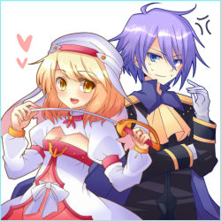 Rule 34 | 00s, 1boy, 1girl, :d, ahoge, alice (tales), anger vein, bad id, bad pixiv id, blonde hair, blue eyes, bow, breasts, choker, cleavage, collar, gloves, happy, hat, heart, open mouth, purple hair, rapier, ribbon, sadomochi, saleh, short hair, simple background, small breasts, smile, sweat, sword, tales of (series), tales of rebirth, tales of symphonia, tales of symphonia: dawn of the new world, trait connection, weapon, white background, white gloves, yellow eyes