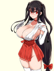Rule 34 | 1girl, asanagi, black hair, blush, bow, breasts, character request, choker, cleavage, commentary request, copyright request, elbow gloves, gloves, hair between eyes, hair bow, hakama, hakama short skirt, hakama skirt, highres, huge breasts, japanese clothes, large breasts, long hair, looking at viewer, low-tied long hair, miko, mole, mole on breast, mole under mouth, narrow waist, no bra, no panties, nose blush, pleated skirt, plunging neckline, red bow, red choker, red eyes, red skirt, sash, short eyebrows, side slit, simple background, skindentation, skirt, sleeveless, smile, solo, standing, thick thighs, thighhighs, thighs, two side up, very long hair, white gloves, white thighhighs