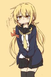 Rule 34 | 1girl, armband, between legs, black sailor collar, black skirt, black thighhighs, blonde hair, blue jacket, blush, collarbone, crescent, crescent pin, embarrassed, female focus, flat chest, hand between legs, have to pee, highres, jacket, japanese text, kantai collection, long hair, matching hair/eyes, miniskirt, necktie, nose blush, open mouth, own hands together, pleated skirt, ponnu (tnpn2yw), sailor collar, satsuki (kancolle), school uniform, serafuku, shirt, simple background, skirt, solo, standing, sweat, talking, thighhighs, translation request, twintails, v arms, wavy mouth, white shirt, yellow background, yellow eyes, yellow necktie, zettai ryouiki