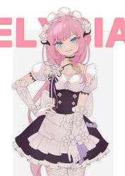 Rule 34 | 1girl, absurdres, alternate costume, apron, blue eyes, border, character name, dress, elysia (honkai impact), elysia (miss pink elf) (honkai impact), enmaided, frilled apron, frilled dress, frills, gloves, grey background, grin, hand on own hip, highres, honkai (series), honkai impact 3rd, ktoy (user bnq6101), long hair, looking at viewer, maid, maid apron, maid headdress, pink hair, pointy ears, ponytail, short sleeves, simple background, smile, solo, teeth, thighhighs, white border, white gloves, white thighhighs