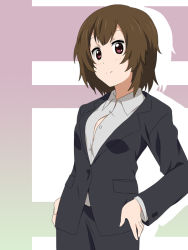 Rule 34 | 1girl, aged up, alternate hairstyle, brown eyes, brown hair, business suit, face, formal, gradient background, hair down, hands on own hips, ikari manatsu, k-on!, md5 mismatch, pant suit, pants, short hair, silhouette, smile, solo, suit, suzuki jun