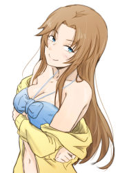 Rule 34 | 1girl, bikini, bikini top only, blue bikini, blue eyes, breasts, brown hair, cleavage, clothes down, collarbone, crossed arms, halterneck, idolmaster, idolmaster cinderella girls, jacket, long hair, looking at viewer, matsumoto sarina, medium breasts, open clothes, open jacket, simple background, smile, solo, swimsuit, unu (unucence), upper body, very long hair, white background, yellow jacket