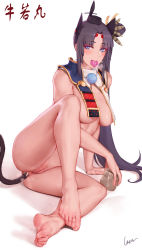 Rule 34 | 1girl, absurdres, anal, anal object insertion, anal tail, areola slip, armor, ass, bare shoulders, barefoot, black hair, black hat, blue eyes, blush, breasts, butt plug, clitoris piercing, closed mouth, condom, condom in mouth, cup, fake tail, fate/grand order, fate (series), feather hair ornament, feathers, feet, forehead, hair bun, hair ornament, has bad revision, has censored revision, hat, highres, japanese armor, knee up, large breasts, laserflip, legs, long hair, looking at viewer, mouth hold, object insertion, parted bangs, piercing, pussy, pussy piercing, sex toy, side bun, side ponytail, simple background, single hair bun, single side bun, smile, solo, tail, thighs, toes, uncensored, underwear, ushiwakamaru (fate), very long hair, white background