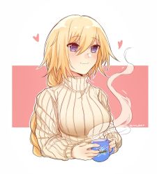Rule 34 | 1girl, 2hands1cup, alternate costume, blonde hair, blush, braid, breasts, casual, closed mouth, coffee mug, cup, fate/apocrypha, fate (series), hair between eyes, heart, holding, holding cup, jeanne d&#039;arc (fate), jeanne d&#039;arc (ruler) (fate), large breasts, long hair, long sleeves, looking at viewer, medium breasts, mug, purple eyes, ribbed sweater, single braid, smile, solo, steam, sweater, turtleneck, turtleneck sweater, twitter username, two-tone background, upper body, yellow sweater, yukari  (bryleluansing)