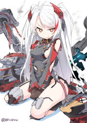 Rule 34 | 1girl, azur lane, bare shoulders, breasts, commentary request, cross, damaged, gloves, highres, iron cross, kneeling, long hair, long sleeves, looking at viewer, mole, mole on breast, prinz eugen (azur lane), raised eyebrow, rigging, senhappyaku, sideboob, sitting, smirk, smoke, solo, thighs, torn clothes, twitter username, two side up, very long hair, white hair, yellow eyes