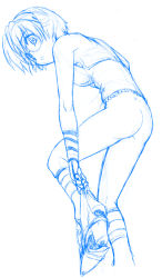 Rule 34 | 1girl, aiko (renkin san-kyuu magical pokaan), android, ass, blue theme, boots, bottomless, dimples of venus, glasses, hairband, joints, kouda tomohiro, lace, monochrome, renkin san-kyuu magical pokaan, robot joints, short hair, sketch, solo, undressing
