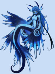 Rule 34 | 1girl, antennae, black sclera, blue background, blue hair, blue pupils, blue skin, colored sclera, colored skin, completely nude, fins, full body, glaucus atlanticus, hand up, head fins, highres, long hair, looking at viewer, monster girl, no hands, nude, original, oversized limbs, ruteko (ruko220), simple background, solo, very long hair, yellow eyes