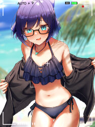 Rule 34 | 1girl, a-chan (hololive), absurdres, ahoge, battery indicator, beach, bikini, black-framed eyewear, black hoodie, blue bow, blue eyes, blue hair, blush, bow, breasts, frilled bikini, frills, glasses, hair bow, hair ornament, highres, hololive, hood, hoodie, jewelry, looking at viewer, navel, necklace, open clothes, open mouth, outdoors, palm leaf, recording, shara (syara so ju), short hair, small breasts, solo, swimsuit, tears, virtual youtuber, wifi symbol