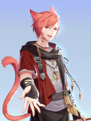 Rule 34 | 1boy, animal ears, aquarius (artist), black gloves, black jacket, black pants, black scarf, blue background, cat boy, cat ears, cat tail, commentary, final fantasy, final fantasy xiv, fingerless gloves, g&#039;raha tia, gloves, highres, holding, jacket, jewelry, looking at viewer, male focus, miqo&#039;te, multicolored clothes, multicolored jacket, neck tattoo, necklace, open mouth, pants, reaching, reaching towards viewer, red eyes, red jacket, scarf, shirt, short hair, short sleeves, simple background, smile, solo, tail, tattoo, teeth, two-tone jacket, upper body, upper teeth only, white shirt