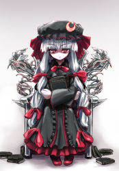Rule 34 | 1girl, alternate color, bad id, bad pixiv id, black dress, blunt bangs, book, hugging book, bored, dark persona, dress, female focus, hat, holding, holding book, homura subaru, long hair, no nose, hugging object, patchouli knowledge, player 2, red eyes, ribbon, solo, touhou, white hair